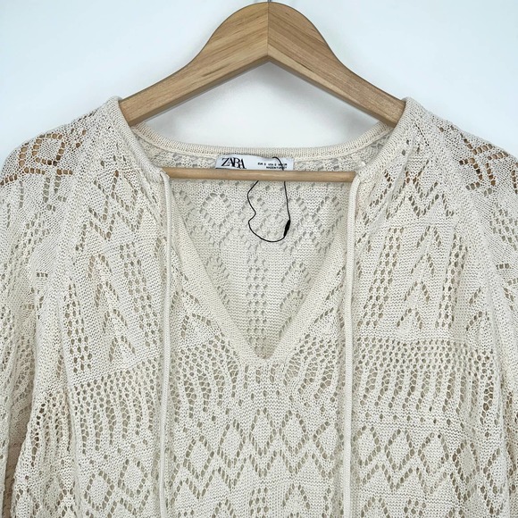 ZARA Crochet Maxi Dress Sheer Open Knit Long Sleeve Beach Cover Up Dress, Cream - Picture 9 of 14